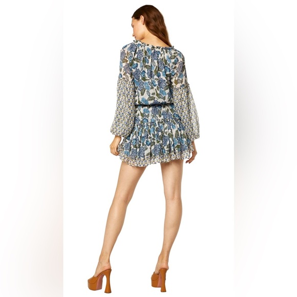 NWT MISA Los Angeles Elisabetta Chic Boho Blue White Floral Blouson Mini Dress - Picture 3 of 10